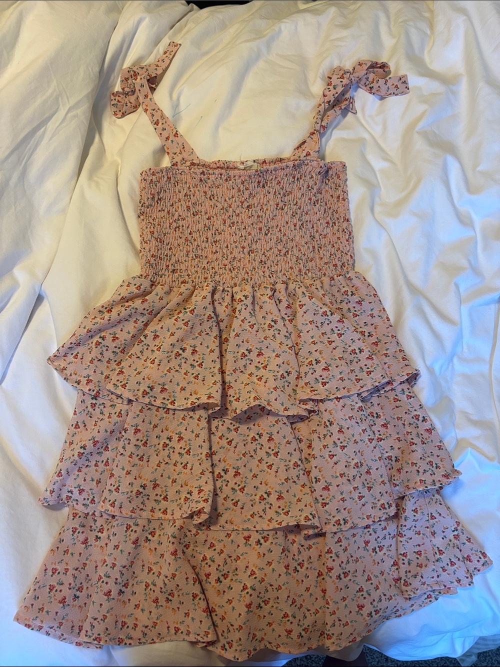 Smocked Tiered Floral Sundress in Blush Pink